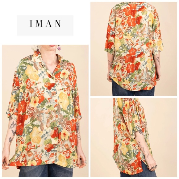 IMAN Women's Tropical Floral Campy Button Up Top Multicolor L - Picture 1 of 13